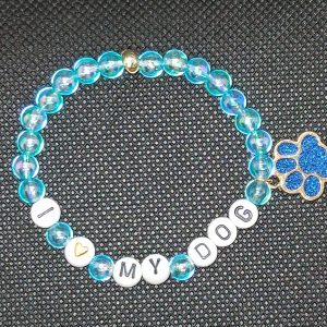 💙 I LOVE MY DOG Bracelet - Blue Crystal Beads - Size Medium