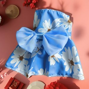 Blue Bow Floral Print Dog Dress – Size X-Large