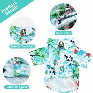 Hawaiian Style Dog Shirt – Aqua Palm & Floral Snap Front (Medium)