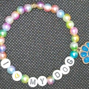 🌈 I LOVE MY DOG Bracelet - Rainbow Beads / Blue Paw Charm - Size Medium
