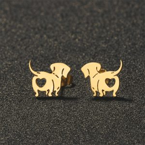 Dachshund Heart Stud Earrings- Gold Tone
