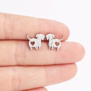 Dachshund Heart Stud Earrings- Silver Tone